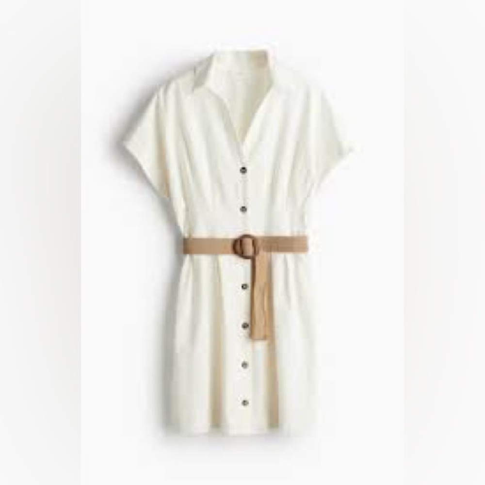 H&M White linen blend Button-shirt Up Dress with Tan Belt size M